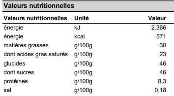 valeur nutritionnelle tablette chocolat
